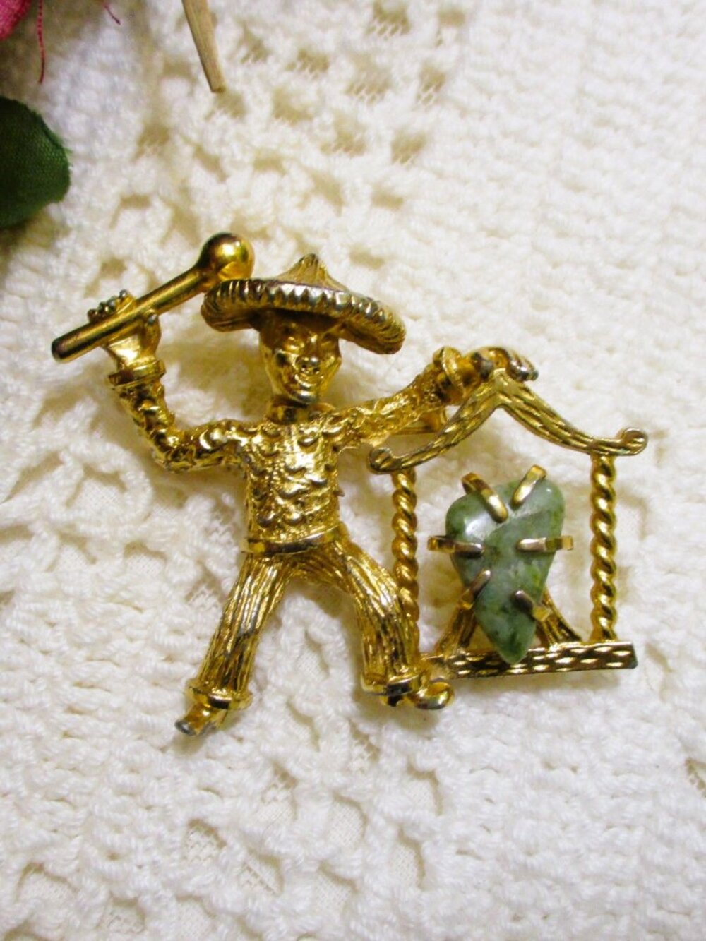 Vintage BSK Asian Figural Brooch: Gold Plate Nephrite Jade Designer Jewelry